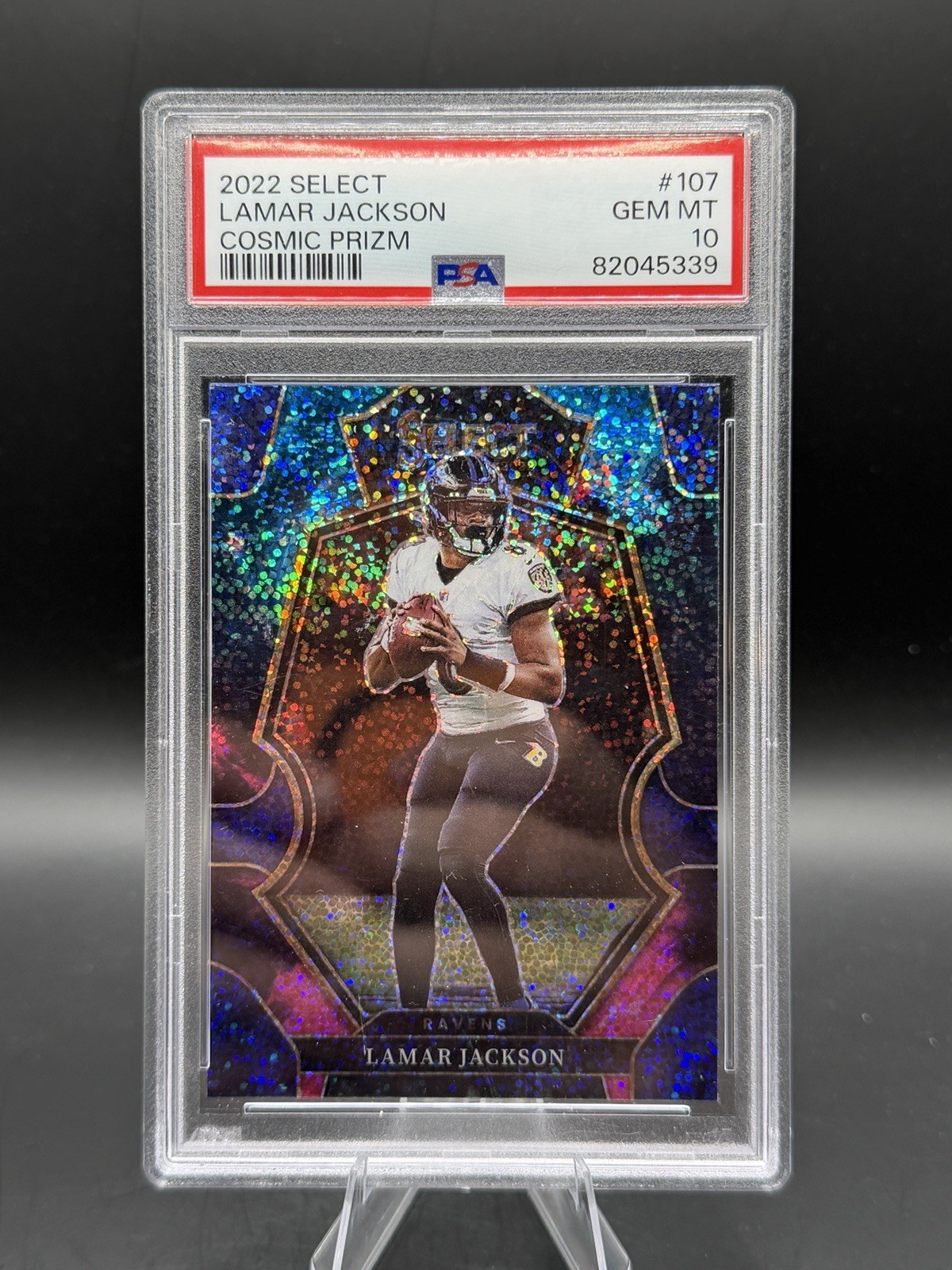 Select 2022 Lamar Jackson Ravens Premier Level Cosmic Prizm #107 PSA 10 POP 6!