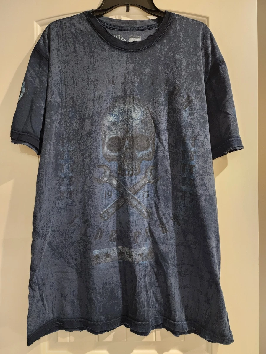 T-shirt Affliction Vintage - Motif Crâne Gothique, Effet Délavé Gris, Taille XL, Occasion Très Bon état