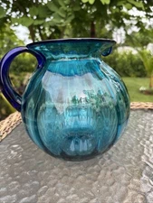 Large Blown Glass Ocean Blue Ribbed Glass Pitcher With Colbolt Blue Handle 