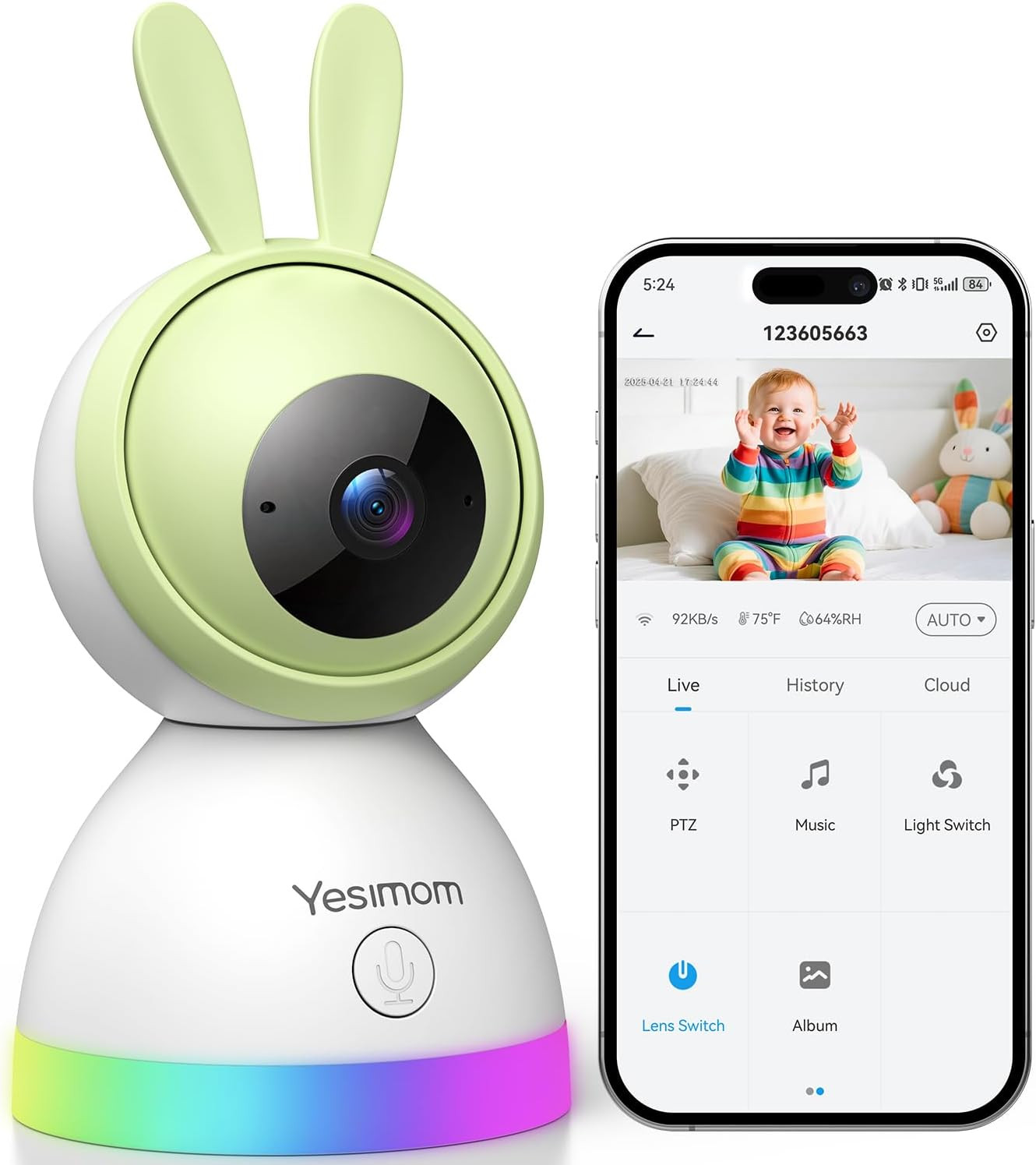 Baby Monitor, 360°PTZ 1080P Telecamera Wi-Fi Interno per Bambini Videocamera Sor