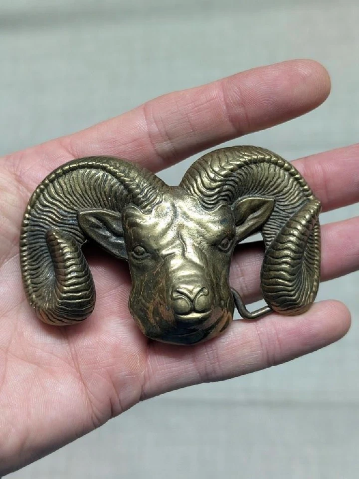 vintage 1970s belt buckle RAM longhorn SOLID BRASS mountain goat WESTERN cowboy - Image 2 of 4