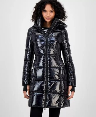 S13 Hooded Thumbhole-Cuff Shine Puffer Coat Women's XL Onyx Hooded Zip Closure