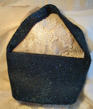 1940's EVENING PURSE Sparkling MIDNIGHT BLUE glass beads BLK SATIN LINED MINT