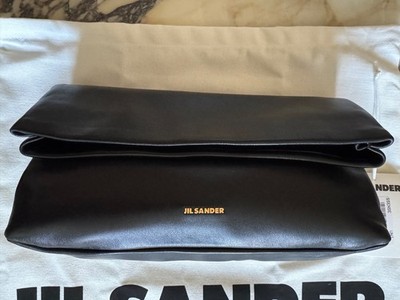 Jil Sander Black Nappa Leather Foldover Clutch Pouch - NEW