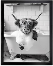 Funny Highland Cow Wall Art,Black and White Bathroom Wall Art,Foamy Cow in Batht