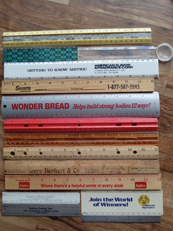 Lot of 15 Vintage Wooden & Plastic Rulers, Wonder Bread, Sears, Empire, Metric
