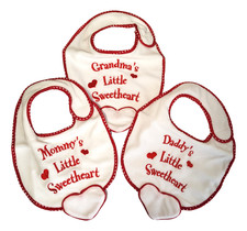 Sweetheart Baby Bibs Set 3-Pack Embroidered Mom Daddy Grandma Terry Cloth Heart