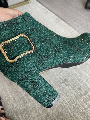 Green Ankle Boots Womens Plaid w Gold Sz 7 Allegra Zip Side Chunky Heel Shoe NEW - Picture 4 of 21