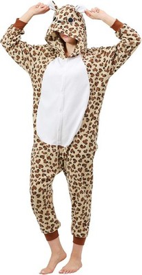 Damen Kigurumi Einhorn Einteiler Pyjama Plüsch Onesie mit Kapuze Leopard M