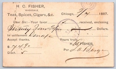 Antique H C Fisher Teas Spices Cigars Business Bill Head 1887