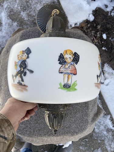 VERY UNIQUE VINTAGE LARGE HANGING LIGHT FIXTURE W/BOY & GIRL ON GLOBE - Picture 4 of 22