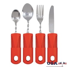 Adaptive Utensils Set Easy Grip Stainless Steel Cutlery Seniors Red Accents New