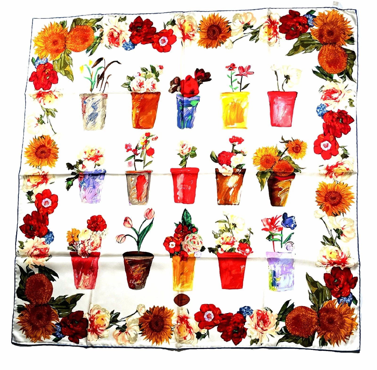 Gucci Floral Garden Pots Silk Scarf 34” Square Made in Italy Vintage