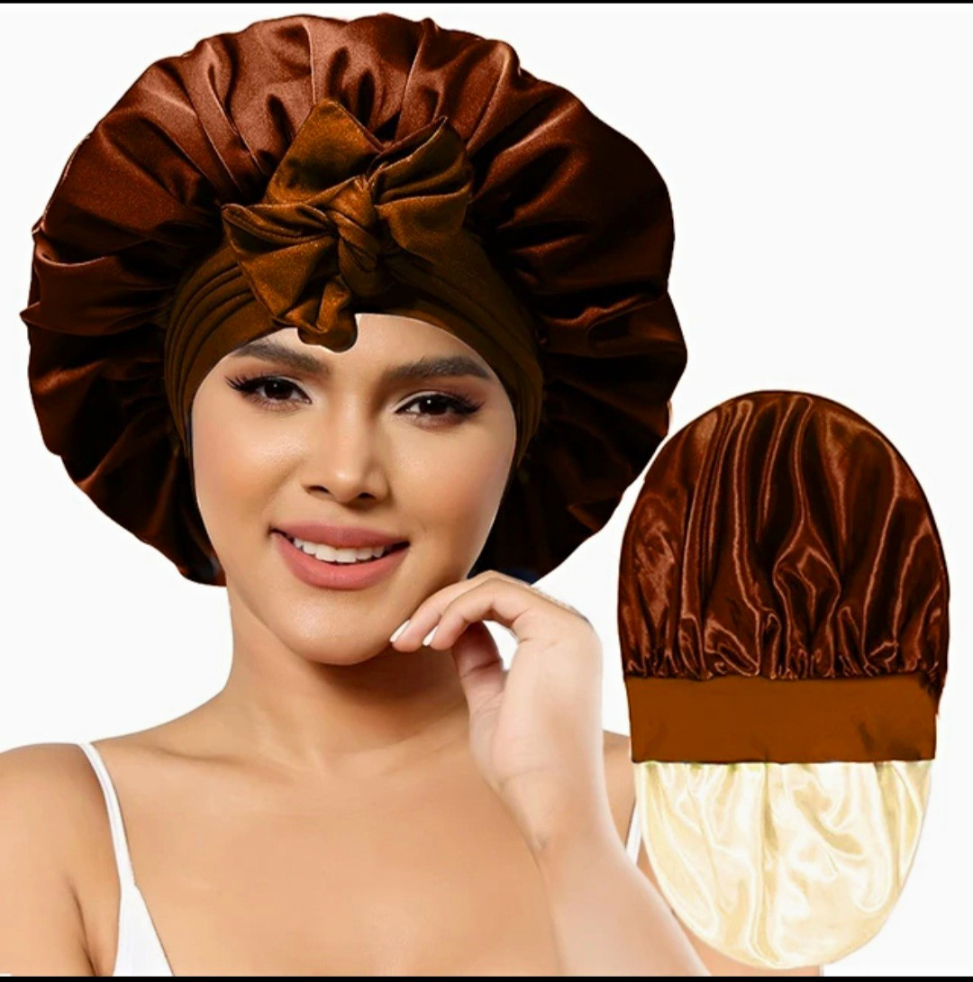 Women’s Reversible Satin Sleep Bonnet, Brown Solid Round with Bow Accent
