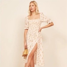 Reformation Marabella Linen Smocked Front Slit Midi Dress Mildred Cream Size XS