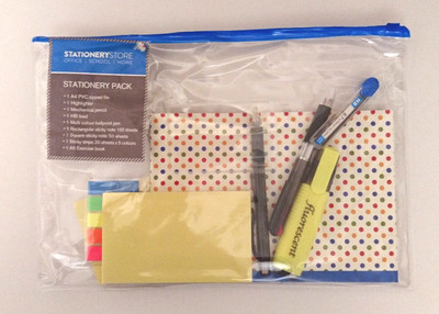 OFFICE ESSENTIALS BRIEFPAPIER PACK Brieftasche Stifte Haftnotiz + Registerkarten A5 ÜBUNG BK 