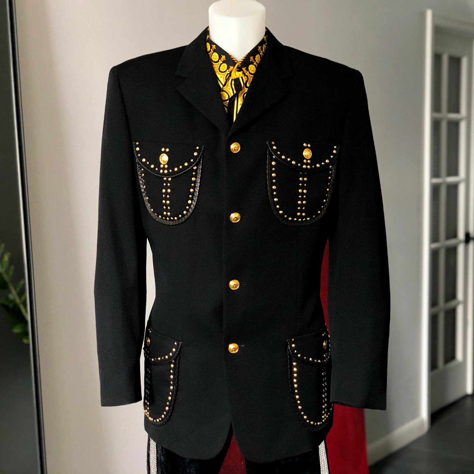 GIANNI VERSACE blazer wool leather & studded 4 button size IT 50 from S/S 1993