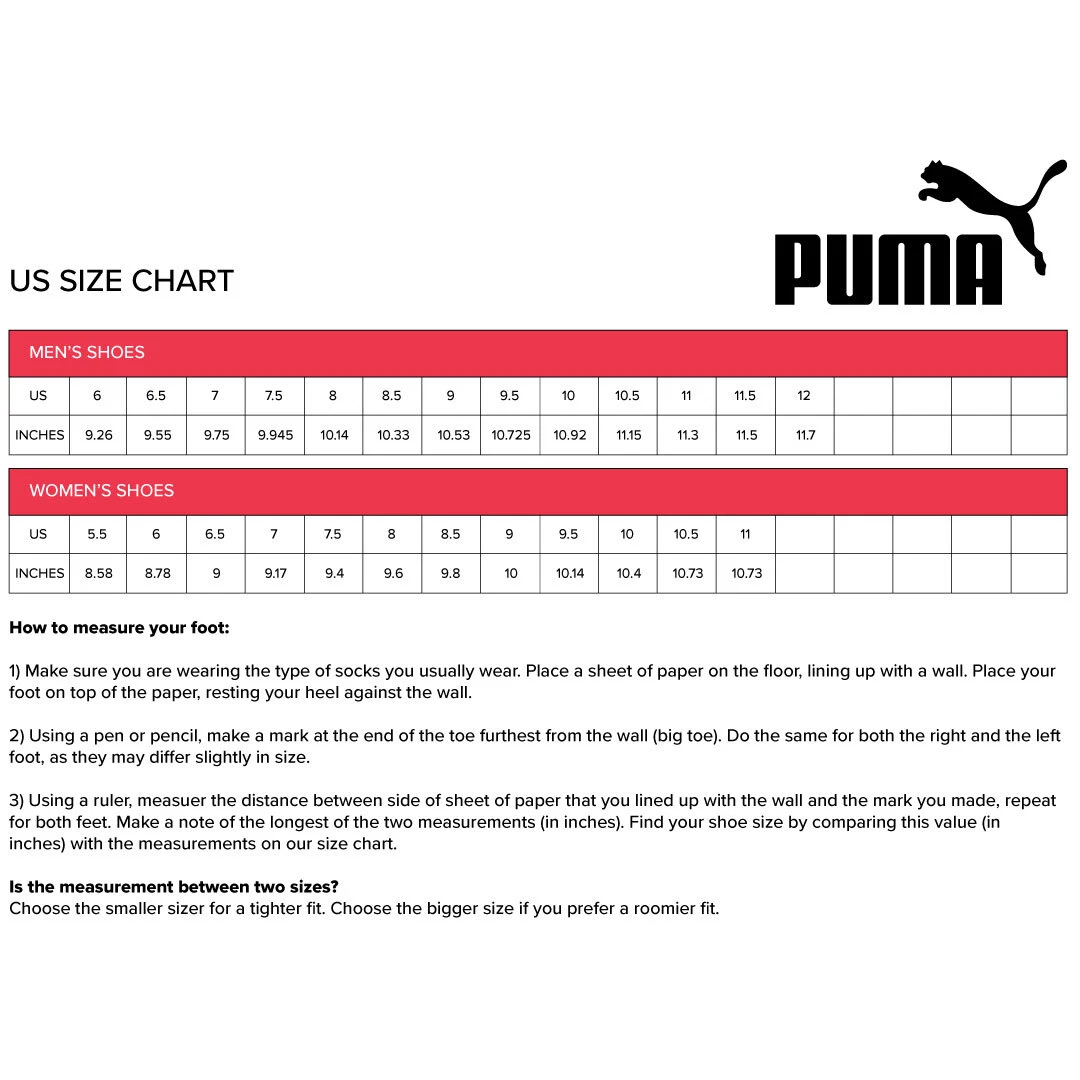 Puma size sale chart women's shoes