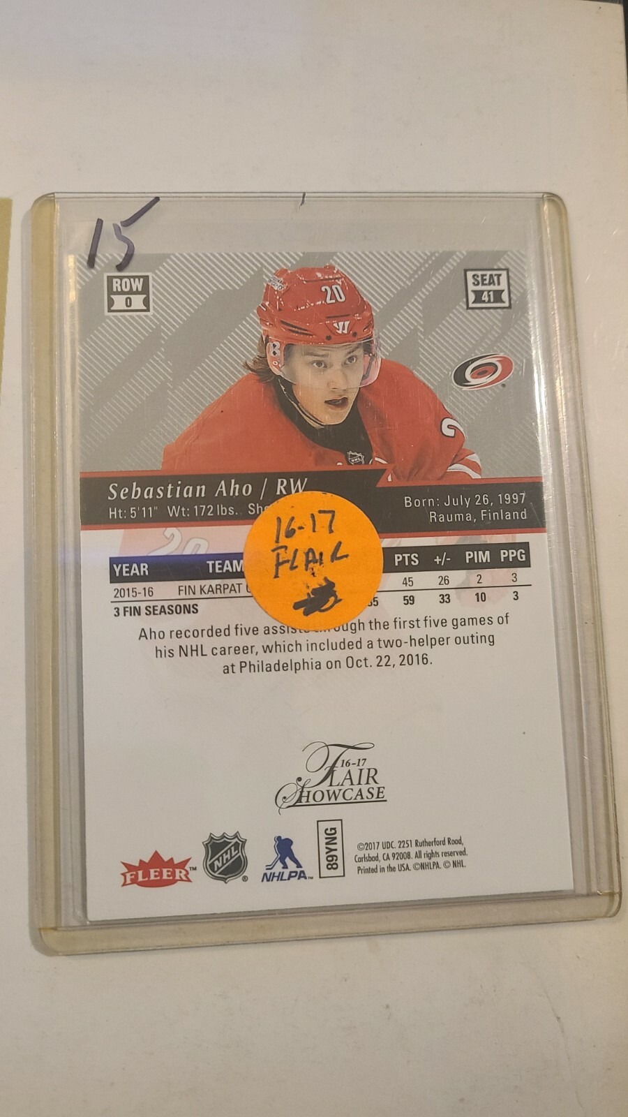 2016 17 Flair Showcase Rookie #Fila 0 Sedile 41 Sebastian Aho Carolina Hurricanes