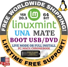 Linux MINT 20.3 USB UNA Mate 64-Bit Live Boot, Full Install MAC, PC