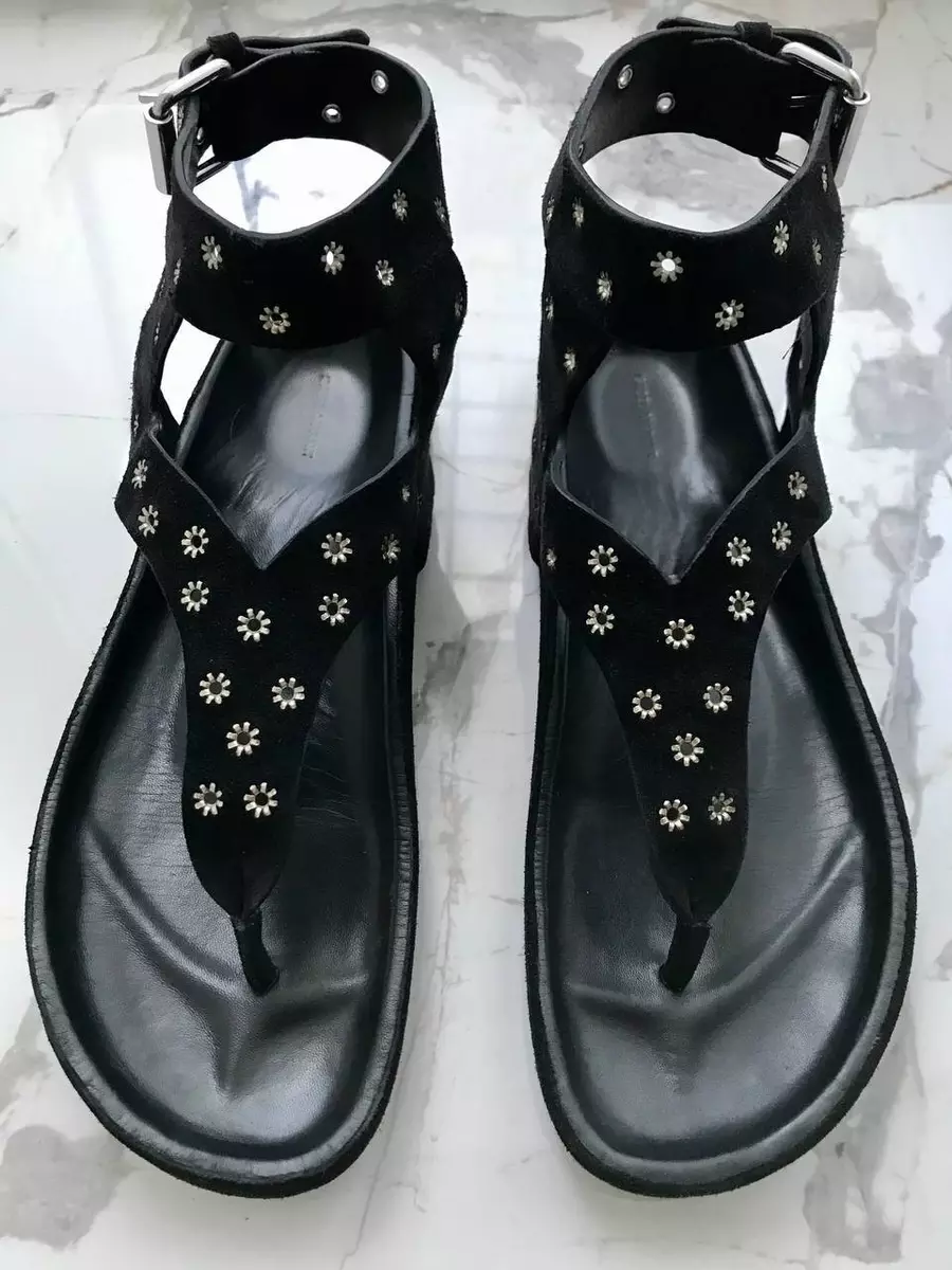 Isabel Marant Elwina Eyelet Embellished Suede Black Sandals Size 41