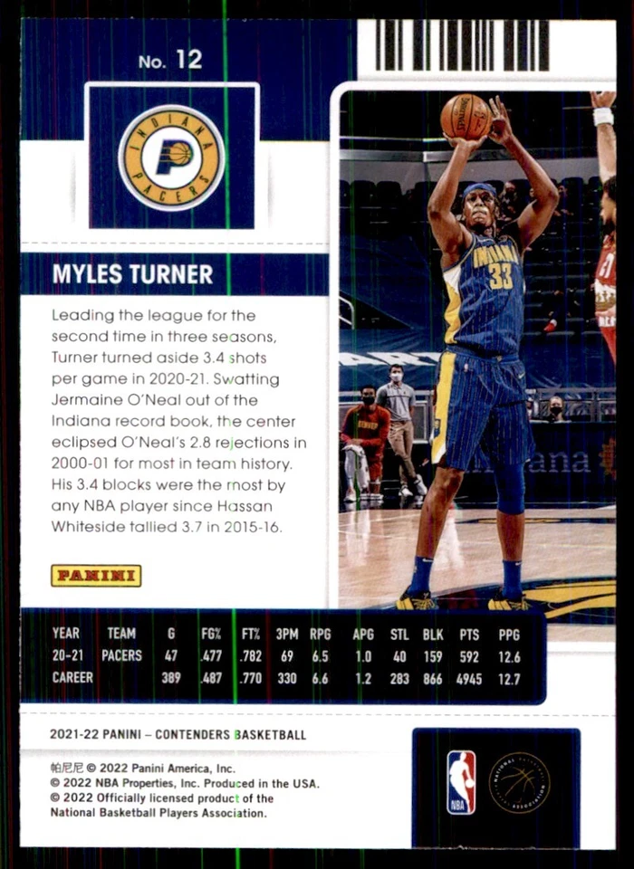 2021-22 Panini Contenders Myles Turner Indiana Pacers #12 - Image 2 of 2