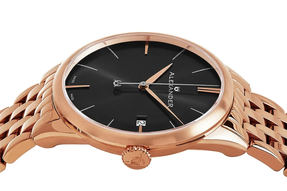 Reloj de cuarzo Alexander para hombre con pulsera de eslabones de acero inoxidable de oro rosa hecho en Suiza Foto 3 de 4