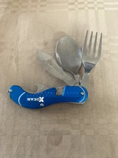 preowned XGear boy scout camping multi tool - dpoon, fork, knife, bottle opener