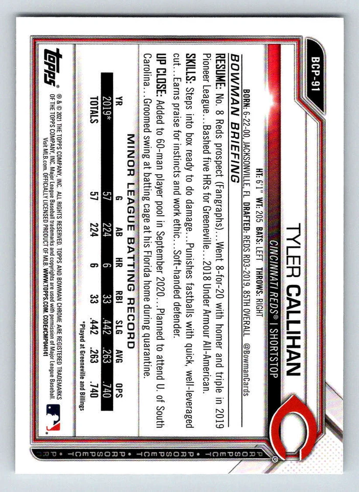 2021 Bowman Chrome Prospects #BCP91 Tyler Callihan (ref 173244) - Image 2 of 2