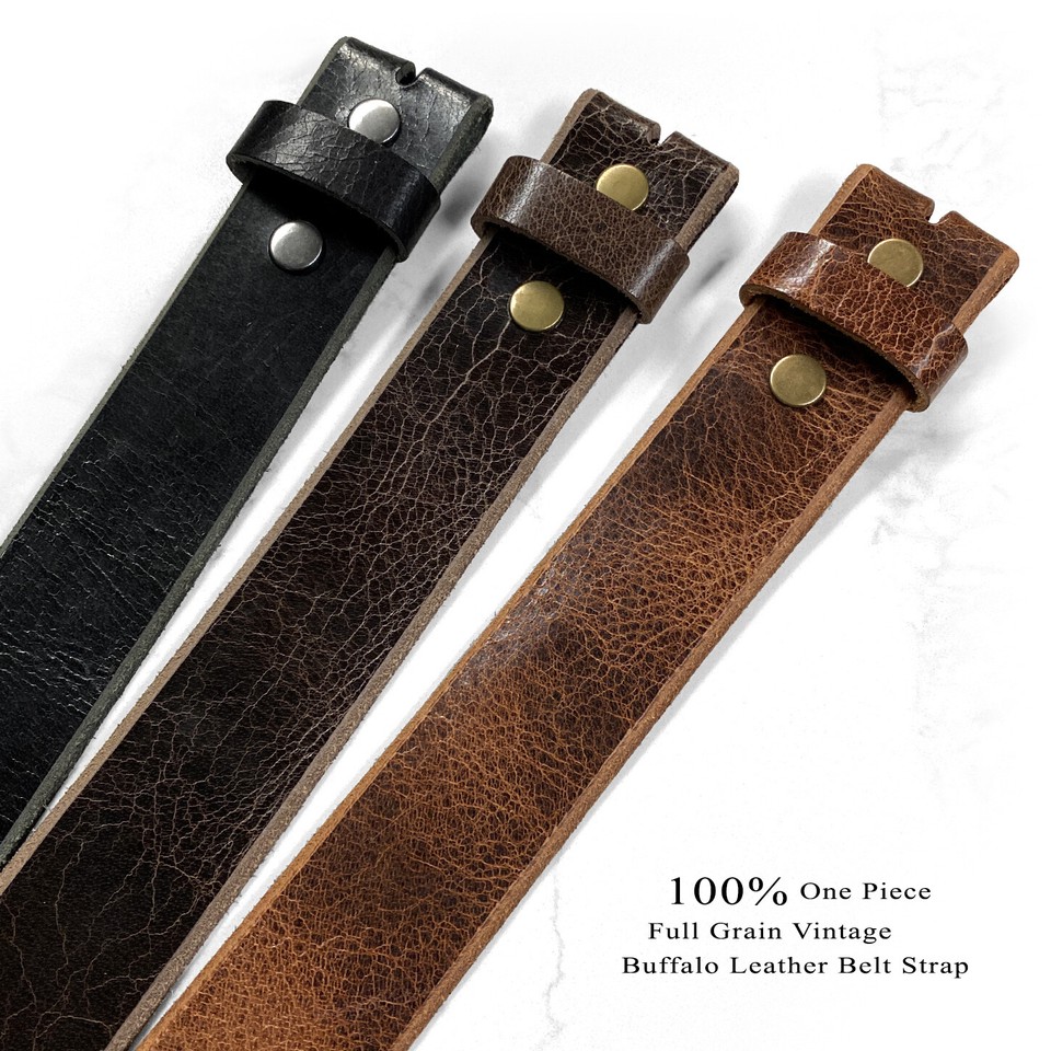 Full Grain Buffalo Leather Belt Strap - 1.5 Inch Wide Vintage Style, Snap Buckle System