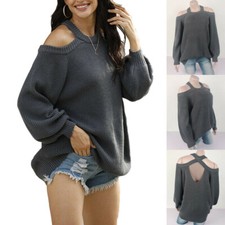 Women Knitted Sweater Jumper Off Shoulder Pure Color Long Sleeve Pullover Tops