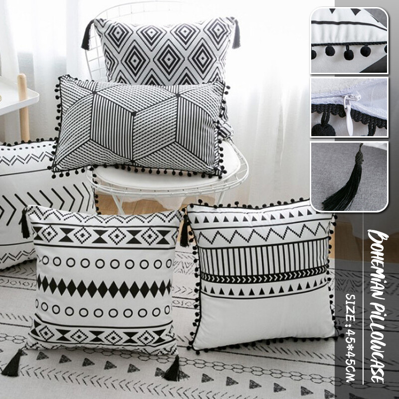 Boho Throw Pillow Case Cover Cushion Tufted Tassel Pom-Pom Soft