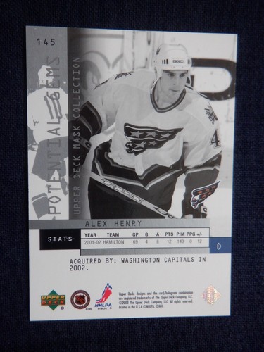 Alex Henry UD Mask Collection RC 145 - / 1750, 2002 03 NHL, Washington Capitals - Picture 2 of 3