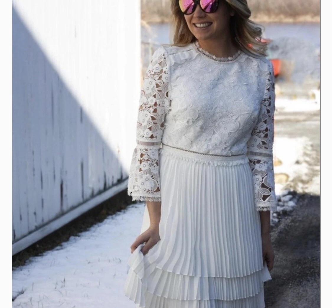Ted Baker London Stefoni Pleated Skirt Lace Bodice Dress White Sz 12