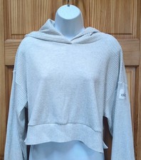 Stained Alo Yoga Muse Hoodie Sz S Cream Ribbed Knit Cropped Pullover W3438R