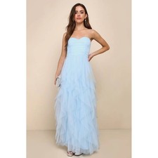 Lulus Delightful Beauty Blue Mesh Strapless Ruched Ruffled Maxi Dress Size Small