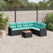 7 Piece Patio Sofa Set with Cushions Black Poly Rattan