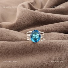 925 Silver Oval Swiss Blue Topaz Stone Wedding Solitaire Engagement Boho Ring