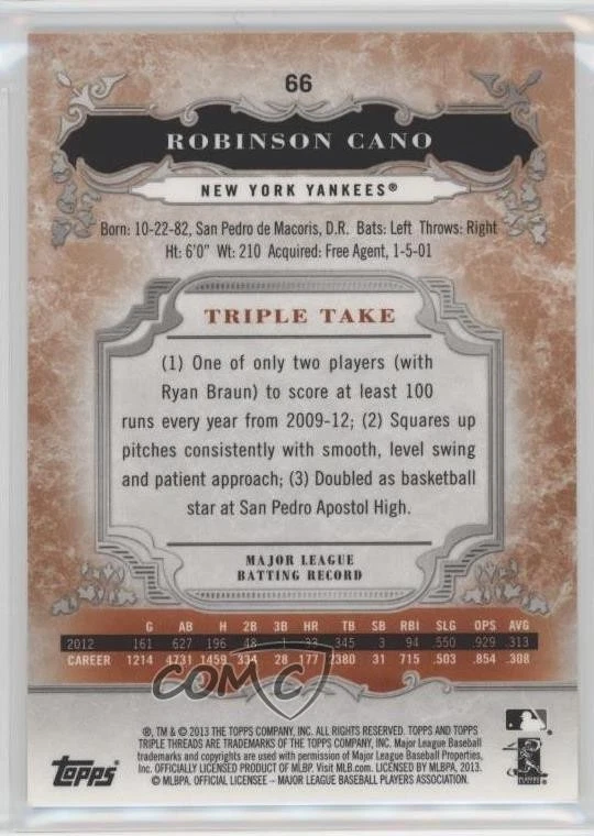 2013 Topps Triple Threads Amber /125 Robinson Cano #66 - Image 2 of 2