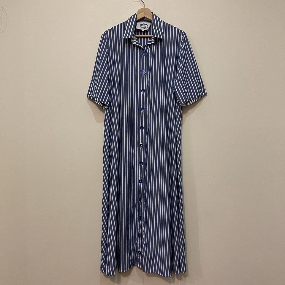 Evi Grintela Striped Blue Shirt Dress Midi Sz Medium Short Sleeve