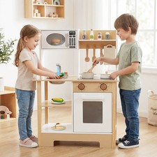 Play Kitchen with Chalkboard Microwave Stove Dish Rack Faucet Sink Accessories
