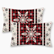 Christmas Throw Pillow Covers 12x20 Inch Set of 2, Buffalo Plaid Snowflakes Chri