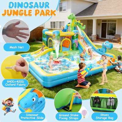 #ad Dinosaur Bounce House Waterslide Park for Kids with Ring Toss GameWater Cannon $369.99
