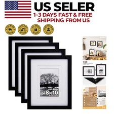 8x10 Black Solid Wood Picture Frame Set of 4 w/ Mat Wall or Tabletop