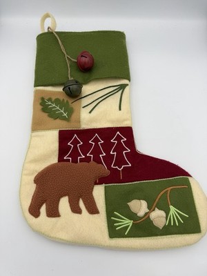Kohl s Rustic Cream Green Brown Bear Acorns Christmas Stocking Vtg Felt 19'' Bell