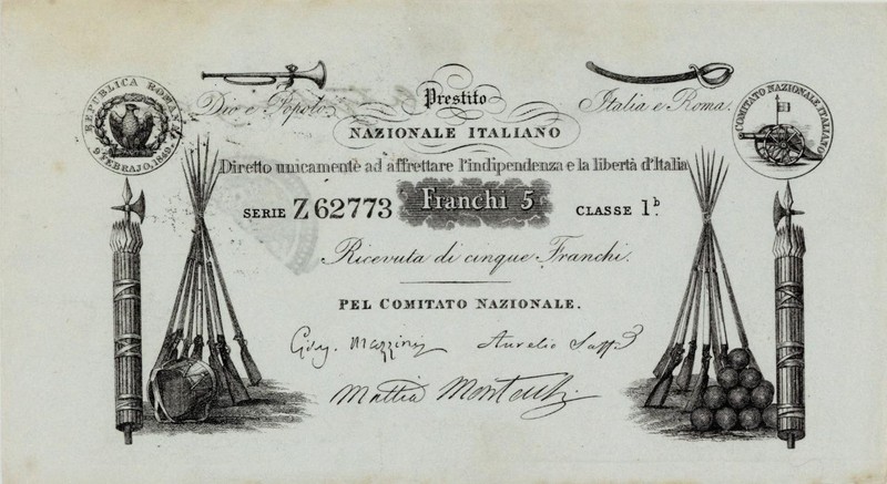 Italy Roman Republican Alliance 5 Franchi Banknote ca 1849 XF/AU