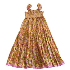 THML Women s marigold/yellow floral dress, smocked bodice, pockets, ruffle, L