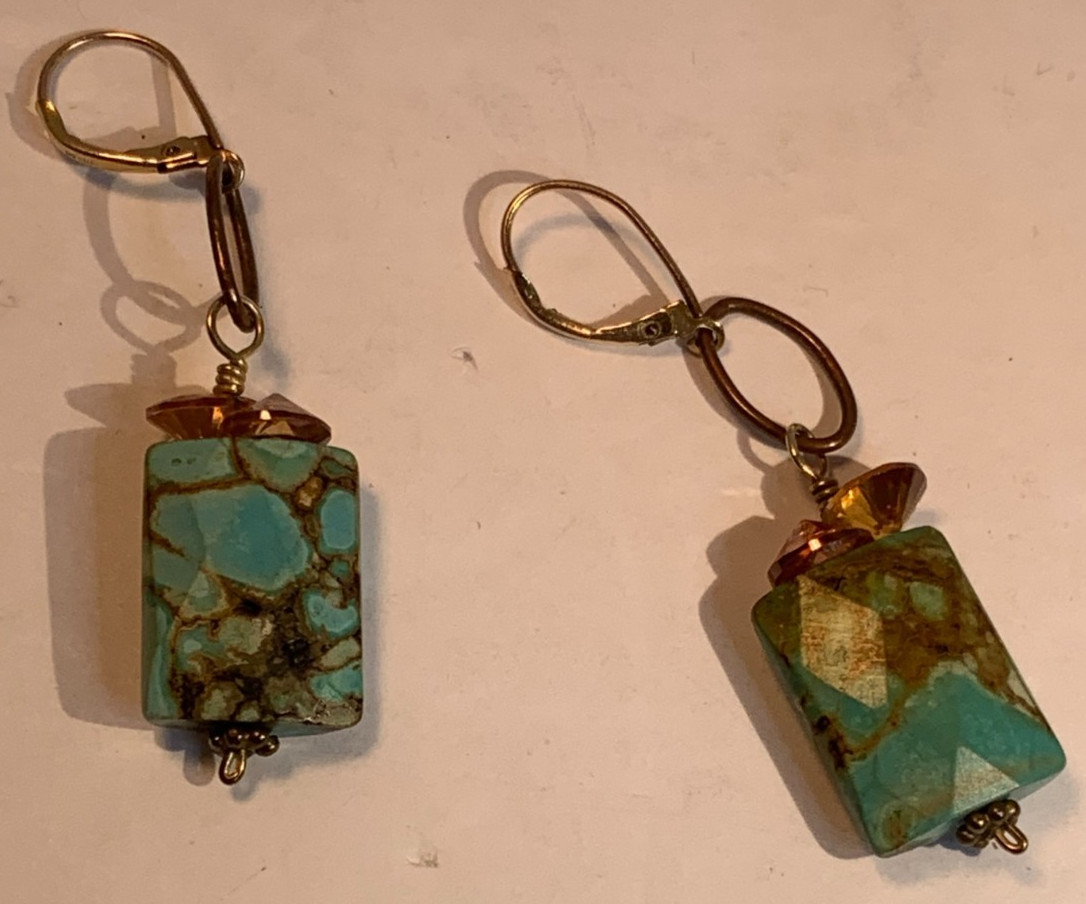 Faceted Turquoise earrings, Rectangular, pierced … - image 7