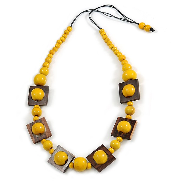 Chunky Square and Round Wood Bead Cotton Cord Necklace (Yellow/ Brown) - 74cm L