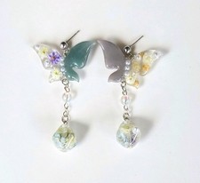 Butterfly Resin Earrings Asymmetrical Pastel Green Gray Floral Dangle Handmade